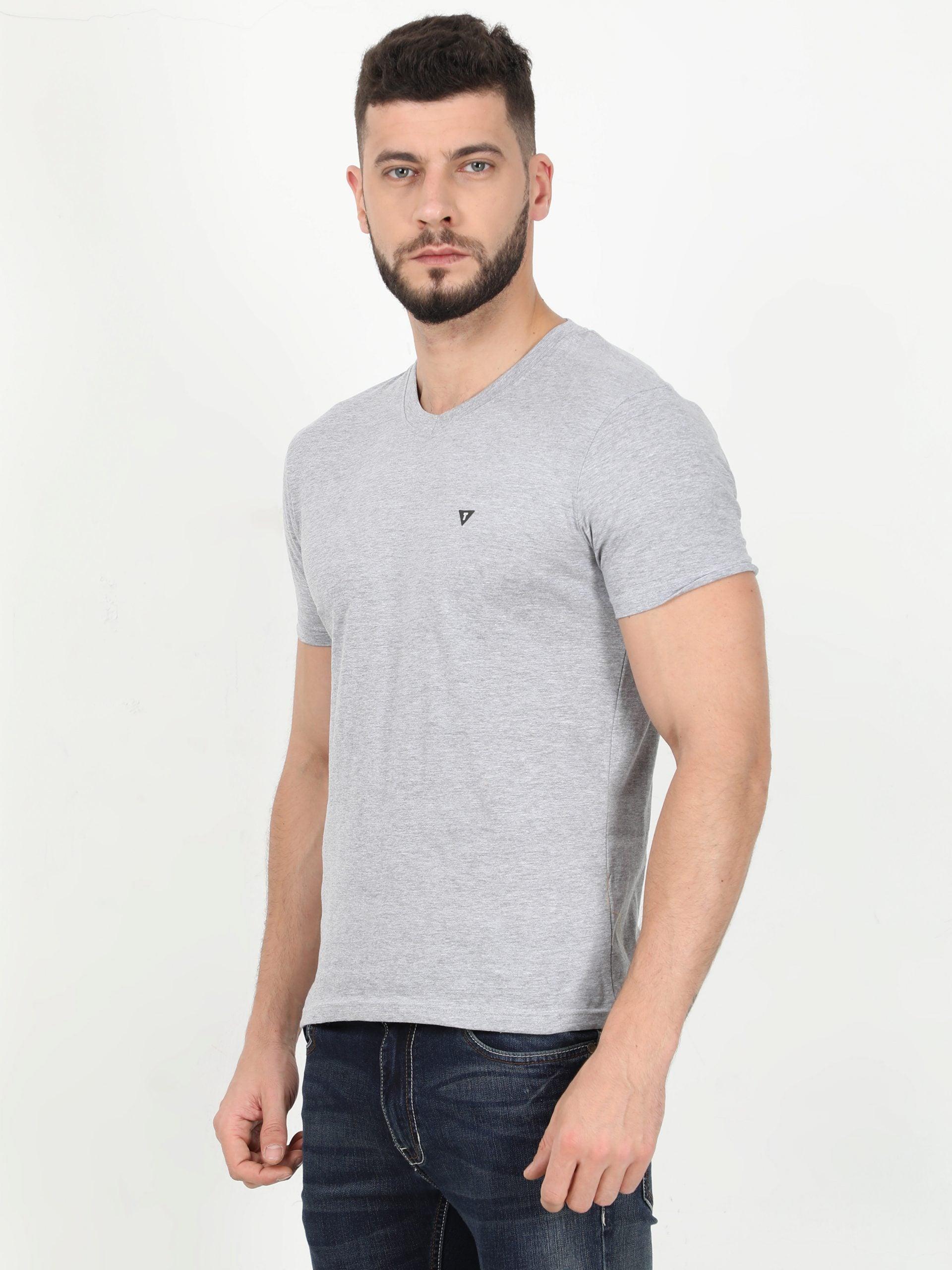 Men V-neck Grey T-shirt