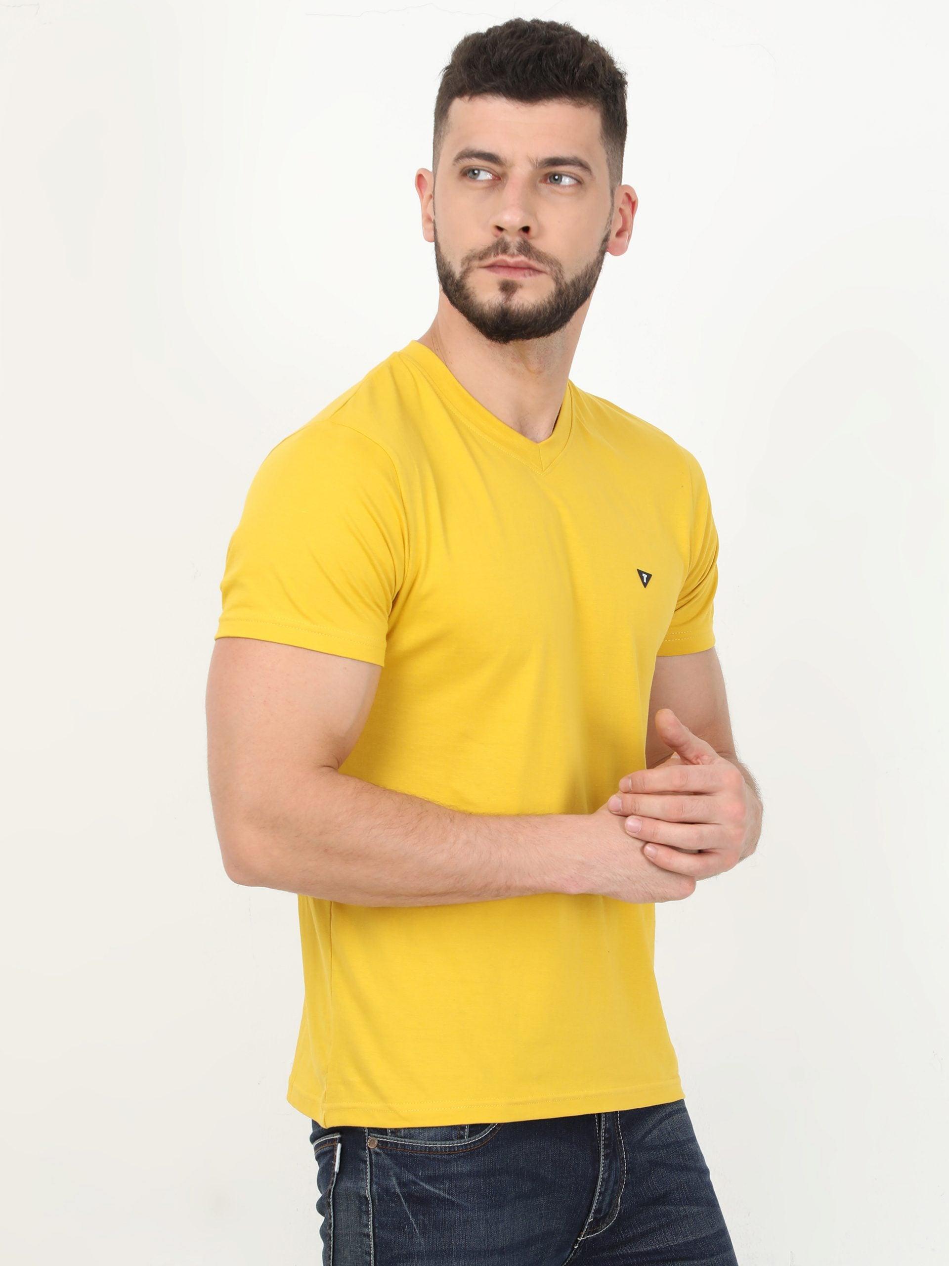 Men V-neck Yellow T-shirt 